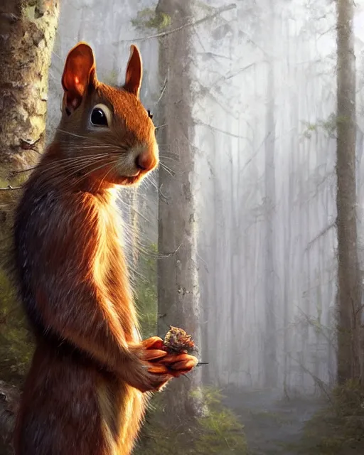 Prompt: Squirrel clothed, portrait, magic, forest background, magic the gathering artwork, D&D, fantasy, cinematic lighting, centered, symmetrical, highly detailed, digital painting, artstation, concept art, smooth, sharp focus, illustration, volumetric lighting, epic Composition, 8k, art by Akihiko Yoshida and Greg Rutkowski and Craig Mullins, oil painting, cgsociety