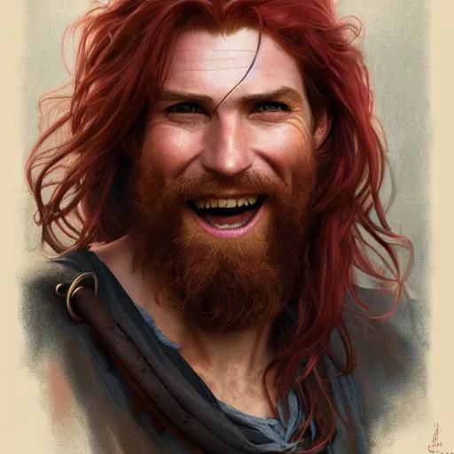 Image similar to portrait of a young ruggedly handsome but joyful pirate, male, masculine, upper body, red crimson hair, long flowing hair, fantasy, soft grin, intricate, elegant, highly detailed, digital painting, artstation, concept art, matte, sharp focus, illustration, art by artgerm and greg rutkowski and alphonse mucha