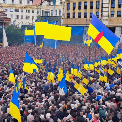Prompt: war victory celebration, flags, city center, ukraine