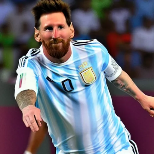 Image similar to messi, wearing argentina's shirt, winning qatar world cup