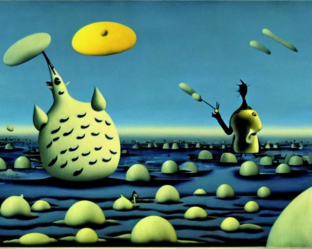 Prompt: yves tanguy art. a still from totoro, re imagined in the style of yves tanguy. surrealism, dadaism, ghibli