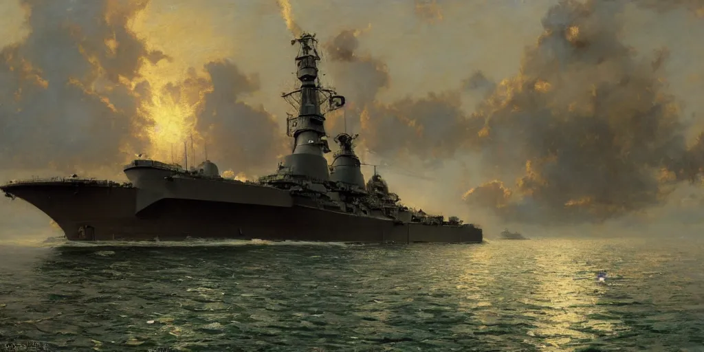 Image similar to detailed cinematic wide shot of world war 2 battleship, ultra realistic, spring light, painting by gaston bussiere, craig mullins, j. c. leyendecker.