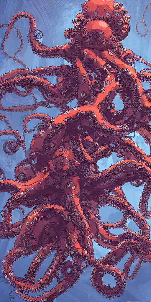 Image similar to robotic octopus, style of james jean and laurie greasley and greg rutkowski, dynamic composition, dramatic lighting, hyper - realistic, ultra detailed, 8 k