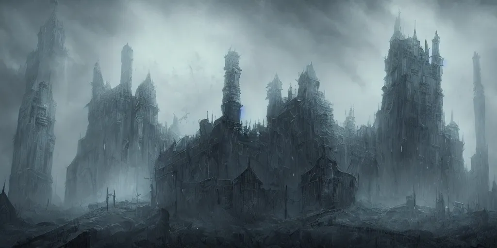 Image similar to grimdark fantasy fortress, terrifying, looming, dark, fog, dark souls, soulborne, artstation