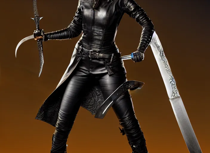 Image similar to black haired woman in a leather jacket, a sword fight, action pose, movie scene, highly detailed, intricate, face enhance, long sharp intricate sword, trending on artstation, action pose