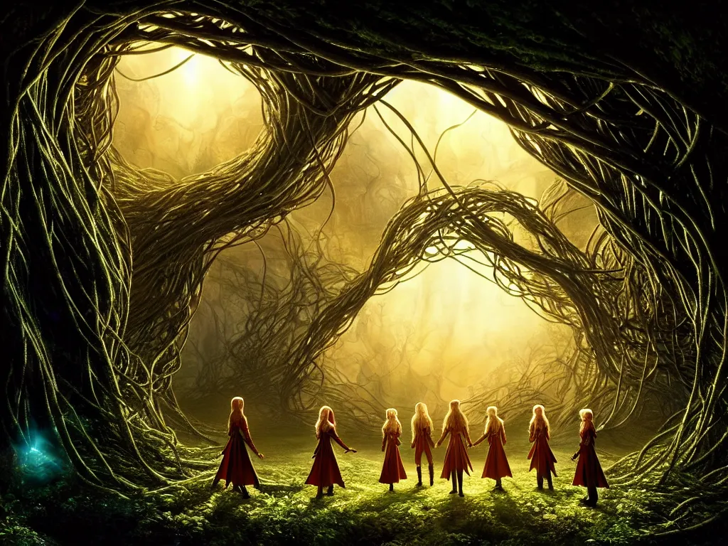 Prompt: elves brightly lit by strong sunlight shining through vast hyperdetailed tangled vines, award winning movie scene by stephen spielberg, imax movie scene, magical energy, 8 k scenery, award winning boxoffice movie still, perfect lighting balance, hdr, focus stacked, archviz, volumetrics, light shafts