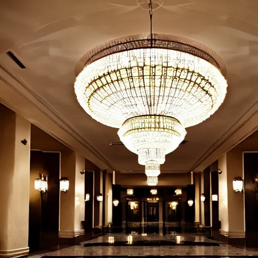 Image similar to empty hotel lobby, chandelier, 8K, realistic, liminal space, spooky, dark