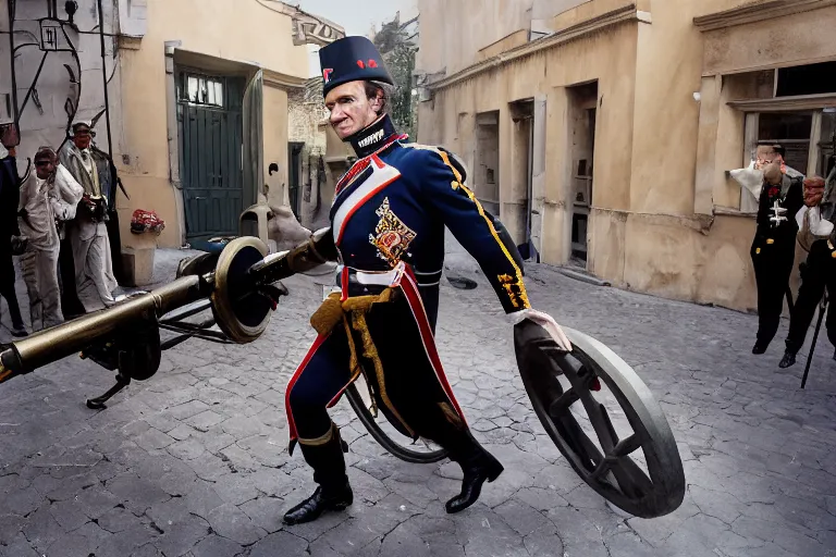 Image similar to portrait of emmanuel macron dressed as napoleon dragging a cannon in the street, natural light, sharp, detailed face, magazine, press, photo, steve mccurry, david lazar, canon, nikon, focus
