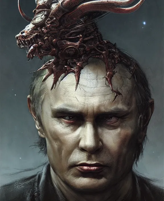 Image similar to portrait of vladmir putin with devil horns by hr giger and beksinski and stephan martiniere, trending on artstation, 4 k resolution, detailed, high quality, hq artwork