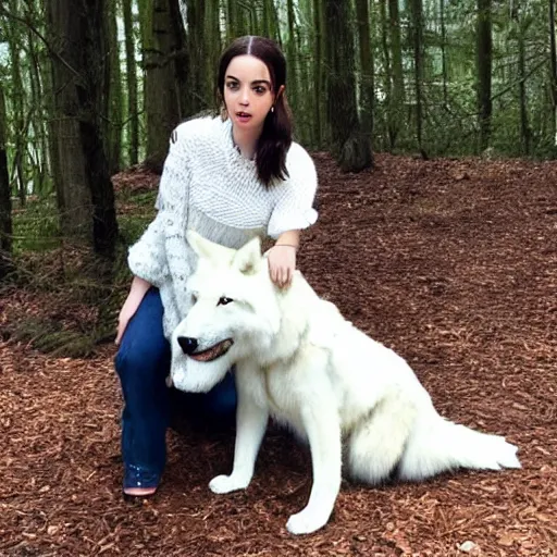 Image similar to adelaide kane standing next to a large white wolf in a forest