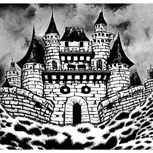 Prompt: demon all black house cat sitting on top of a castle, style of kentaro miura!!!!, black and white