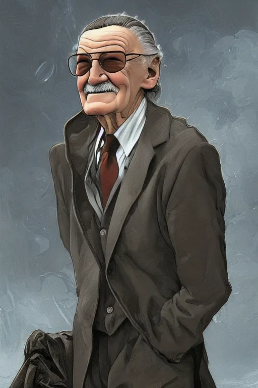 Image similar to full length a young Stan Lee on a caravaggio cloudy background, intricate, elegant, highly detailed, artstation, concept art, smooth, sharp focus, illustration, , digital art from artstation, digital art from deviantart, by Alphonse Mucha, Stjepan Sejic, Ruan Jia, and Mandy Jurgens, and Artgerm, maxfield parrish and william adolphe bouguereau