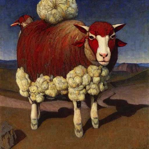 Image similar to A sheep with red whool an pointy vampire teeth by Annie Swynnerton and Nicholas Roerich and jean delville, strong dramatic cinematic lighting, smooth, sharp focus, extremely detailed