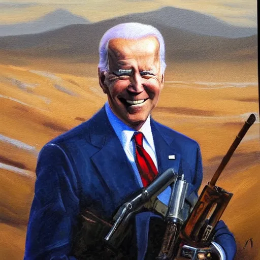 Image similar to oil painting Joe Biden with glowing eyes, looking stern, holding an RPG, in a desert landscape, epic, dark