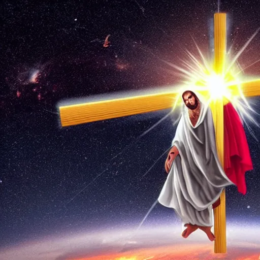 Image similar to jesus on a cross being launched into space