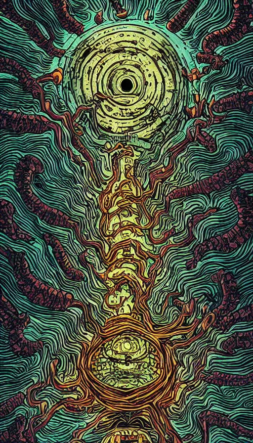 Image similar to a storm vortex made of many demonic eyes and teeth, by dan mumford,