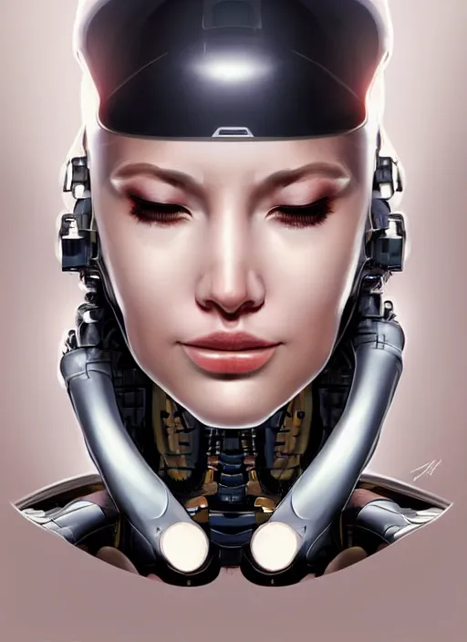 Image similar to portrait of a cyborg woman who turns her head to the ((((((right))))) left+3500 (((((up))))) (((((down))))) by Artgerm,eyes closed , biomechanical, hyper detailled, trending on artstation