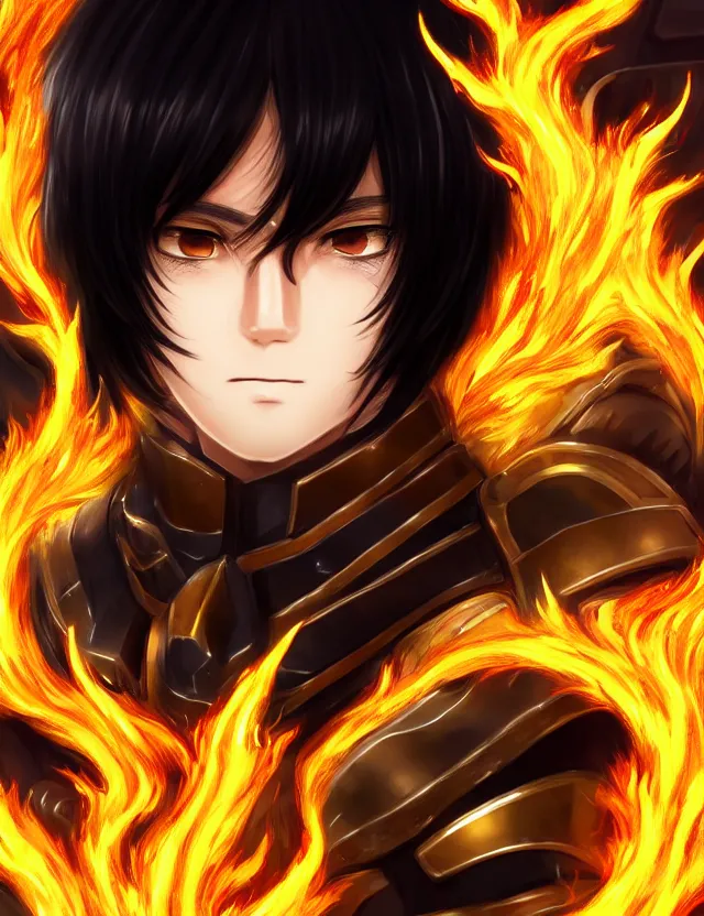 Image similar to a detailed manga portrait of a black haired man with hazel eyes in gleaming golden armour that burns with golden fire, trending on artstation, digital art, 4 k resolution, detailed, high quality, sharp focus, hq artwork, coherent, insane detail, character portrait