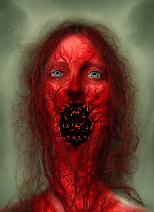 Prompt: dramatic red matte portrait painting of woman with black mandelbrot fractal instead of face, horror, body horror, dark art, 4 k, detailed, realistic, psychotic, insane, crazy, mental illness, dramatic,