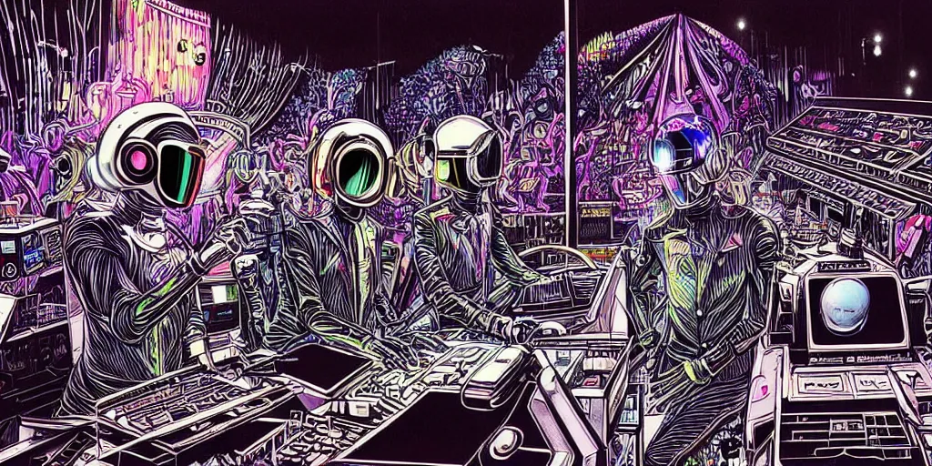 Image similar to intricate detailed artwork of 2 Daft Punk robot rock using Apple notebook Macbook at an underground warehouse rave in Ibiza, playing techno house music, thousands of beautiful girls in bikini dancing, in the style of Moebius, wires, speakers, black and white ink, some ink drips, sharp details