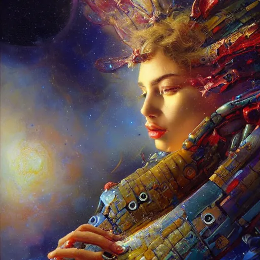 Prompt: UHD hyperrealistic photorealisitc, detailed cosmic robot with real angel wings, by Karol Bak, Greg Rutkowski and Adrian Ghenie, tonalism, rich deep colors masterpiece