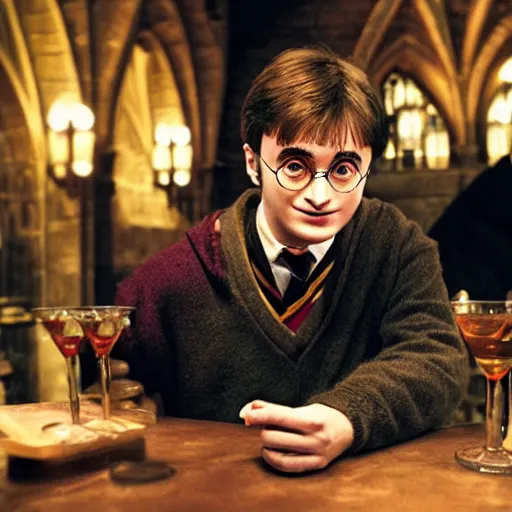 Prompt: Harry Potter drinking a pastis