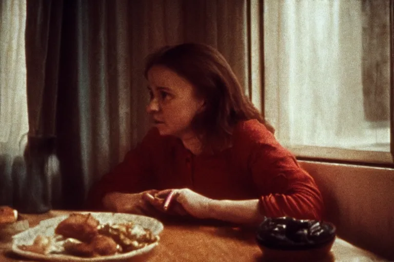 Image similar to soviet movie still a soviet woman sitting at a table next to the window with food, dark warm light, a character portrait by margarita terekhova, movie stalker solaris film still by andrei tarkovsky, 8 k, 1 9 8 4, close - up bokeh, gelios lens, color, noir