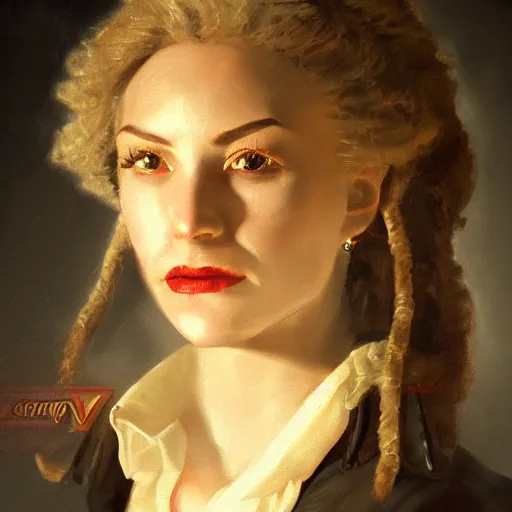 Image similar to intelligent female pirate captain 3 5 years old, 1 9 4 0 s haircut, fully clothed, wise, beautiful, 1 7 5 0 s oil painting, dramatic lighting, trending on artstation, sharp focus