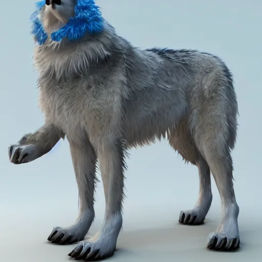 Image similar to 3 d render, well toned, large and tall, female anthropomorphic wolf with a short muzzle, blue scales and fur with white spots and wings on her back, icey blue dress, furr covering her chest.