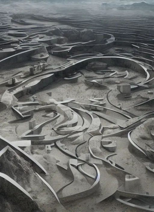 Image similar to techno chuquicamata bioremediation white mining tailing futuristic horizontal } architecture, epic, cinematic, hyperealistic, high detailed, corona render, hdr, ray tracing