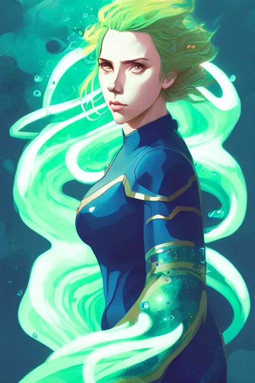 Image similar to style artgerm, joshua middleton, illustration, scarlett johansson as mage wearing green pelt light armor, anime eyes, blue hair, swirling water cosmos, fantasy, dnd, cinematic lighting