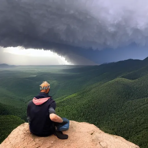 Image similar to man sitting on peak top mountain looking at huge vast sky storm tornado