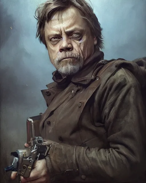 Image similar to mark hamill as a tired dystopian resistance fighter. dieselpunk steampunk art by greg rutkowski, gustave courbet, rosa bonheur, edward hopper. faithfully depicted facial expression, perfect anatomy, sharp focus, global illumination, radiant light, detailed and intricate environment, trending on artstation