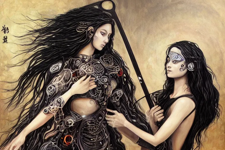 Prompt: Goddess of life itself with a scythe, dark Goddess of artificial intelligence creating an artificial neural network with synapses on an anvil with his scythe, high resolution, award winning art, trending on art station, sharp image, incredibly detailed, detailed character, realistic painting, hyper-realistic painting, coherent painting, master piece by Kyozu Aroyama