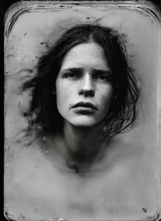 Image similar to portrait of a young women, photo realistic, elegant, award winning photograph, parallax, cinematic lighting, ambrotype wet plate collodion by richard avedon and dorothe lange and shane balkowitsch