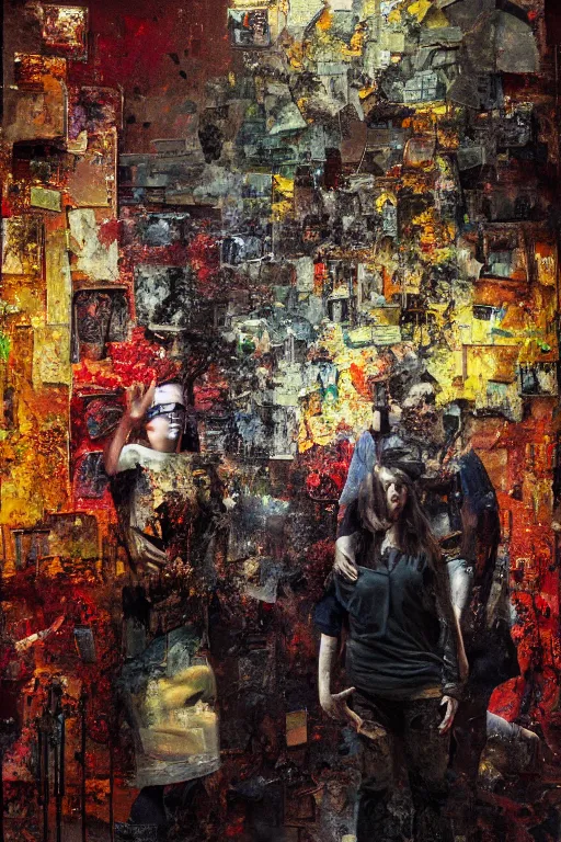 Image similar to a beautiful glitched painting by robert proch of people in front of a painting in a museum gallery, metal rust and plaster materials, pixel sorting, color bleeding, brushstrokes by jeremy mann, still life, dark colors