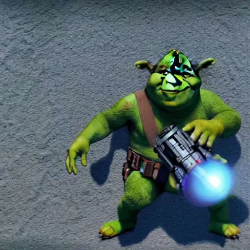 Image similar to zoomed - out movie still of star wars with shrek on the set, highly detailed, extremely high quality, hd, 4 k, 8 k, canon 3 0 0 mm, professional photographer, 4 0 mp, lifelike, top - rated, award winning, realistic, detailed lighting, detailed shadows, sharp, no blur, edited, corrected, trending
