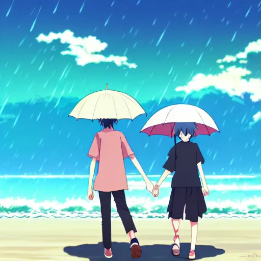 Prompt: anime girl and boy walking together on the Beach, Rain, umbrella, by makoto shinkai, Studio Ghibli, anime wallpaper, illustration, 4k Wallpaper, flat colors