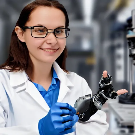 Image similar to a female scientist with a futuristic robotic arm