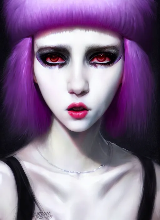 Image similar to whitebangs, black hair, black cyberlox, portrait of white teenage girl, normal face, white bangs, fluffy bangs, cyberlox, whitebangs, red contact lenses, purple background, intricate, elegant, highly detailed, digital painting, artstation, concept art, sharp focus, smooth, illustration, art by wlop, mars ravelo and greg rutkowski