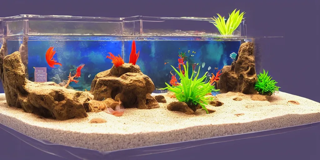 Image similar to fish tank in hospital waiting room. newt. plasticine model in water. figures clay. tilt shift. clay figure. surreal. tropical fish tank with sand. strange lighting. weird. bubbles form pump hands. tank. siamese fighting fish. aquatic photography. photorealistic. waiting room