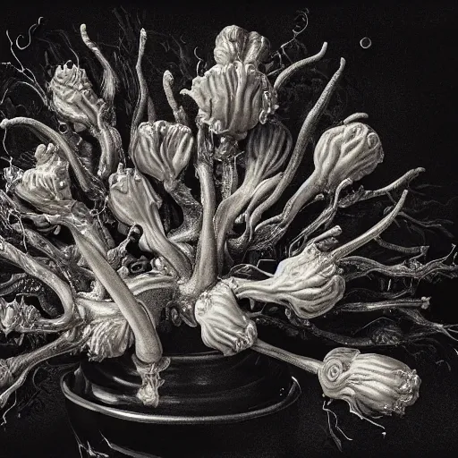 Image similar to disgusting disturbing dutch golden age bizarre mutant flower floral still life with many human toes realistic human toes blossoming everywhere insects very detailed fungus tumor disturbing tendrils bizarre slimy forms sprouting up everywhere by rachel ruysch christian rex van minnen black background chiaroscuro dramatic lighting perfect composition high definition 8 k 1 0 8 0 p