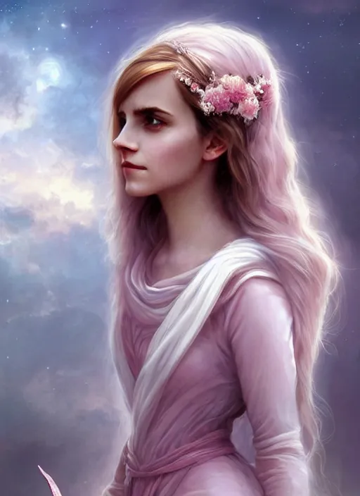 Prompt: emma watson as nature magic celestial turned away, long hair, soft pink and white transparent cloth, space, D&D, shiny background, intricate, elegant, highly detailed, digital painting, artstation, concept art, smooth, sharp focus, illustration, artgerm, bouguereau