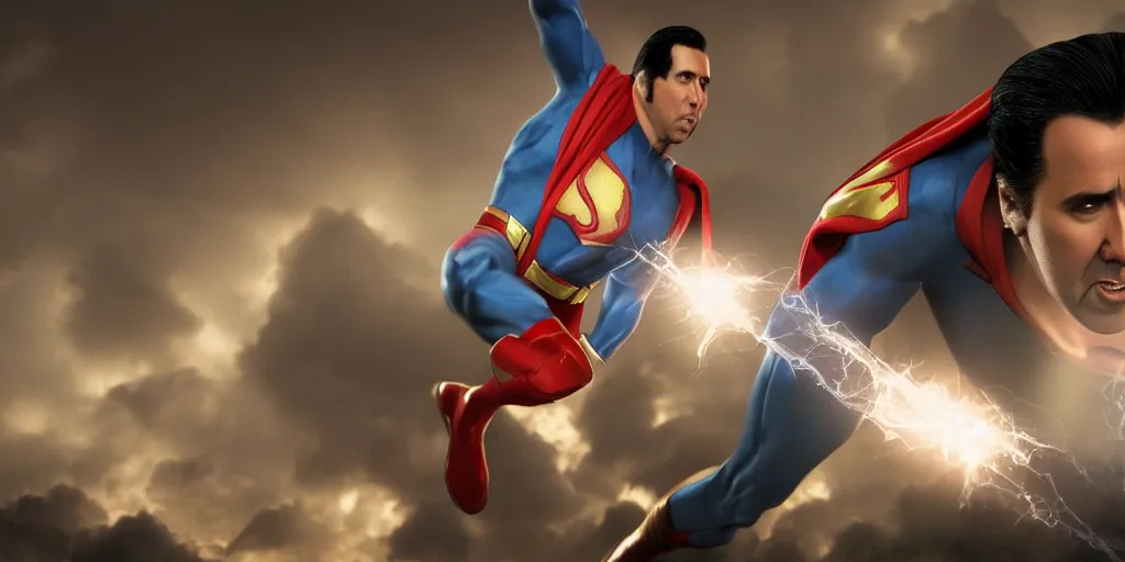 Image similar to a cinematic scene of nicolas cage as super man, vray render, realistic, cinematic lighting, clear face, majestic, 8 k