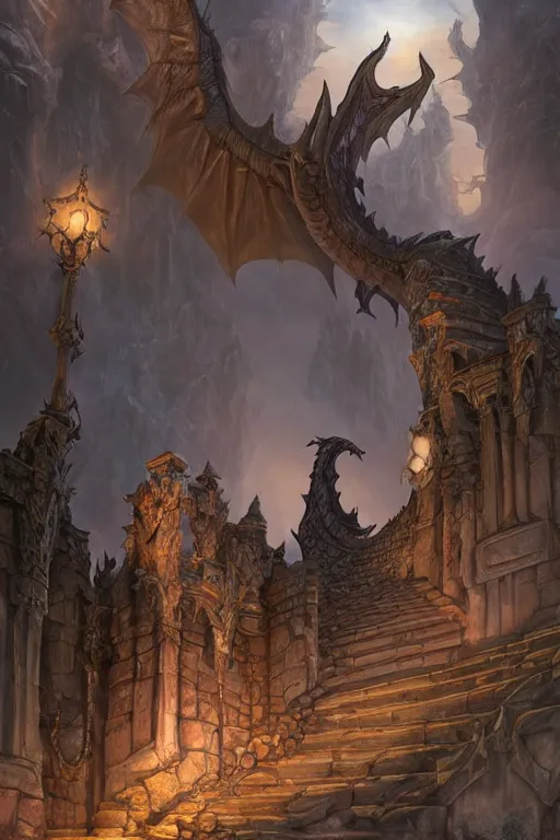 Image similar to matte glossy painting of stone steps fantasy leading do a gothic dragon statue portal, artstation by emilia dziubak, will terry, greg olsen, chris mars, ann long, and mark brooks, gret ritkowski dramatic, architecture, colorful warcraft architecture