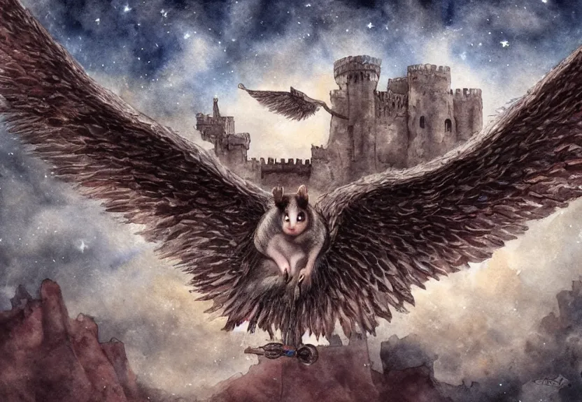 Image similar to the legendary glorious winged possum is flying over a medieval castle under the dark starred sky, dark fantasy, watercolor, dreaming illusion, highly detailed, 4k, trending on Artstation, award-winning