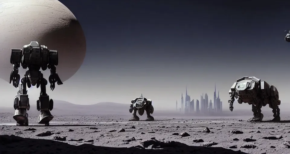 Image similar to hyper realistic sci - fi matte concept art painting of battlemech walking on the surface of the moon with a domed city in the background, beautiful details, strong composition painted by kim jung guweta studio rutkowski, james gurney and greg rutkowski, and lucasfilm, smooth, intricate, detailed, sharp focus, cinematic