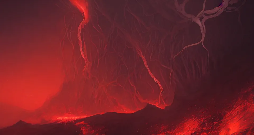 Image similar to a volcano made of ivory vines and crimson rocks enters in eruption, it spits a smoke in the shape of demonic eye, by Charlie bowater