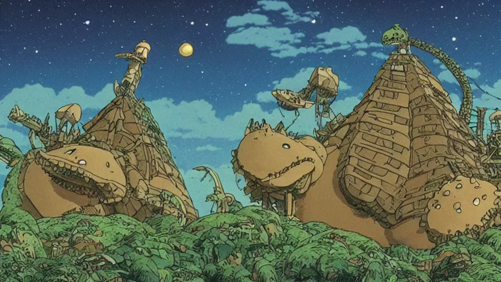 Prompt: a movie still from a studio ghibli film showing a lovecraftian crocodile from howl's moving castle ( 2 0 0 4 ). a pyramid is under construction in the background, in the rainforest on a misty and starry night. a ufo is in the sky. by studio ghibli