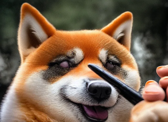 Image similar to photo of a buff shiba inu holding a baseball bat in its hands. Forrest dof. Highly detailed 8k, fantasy